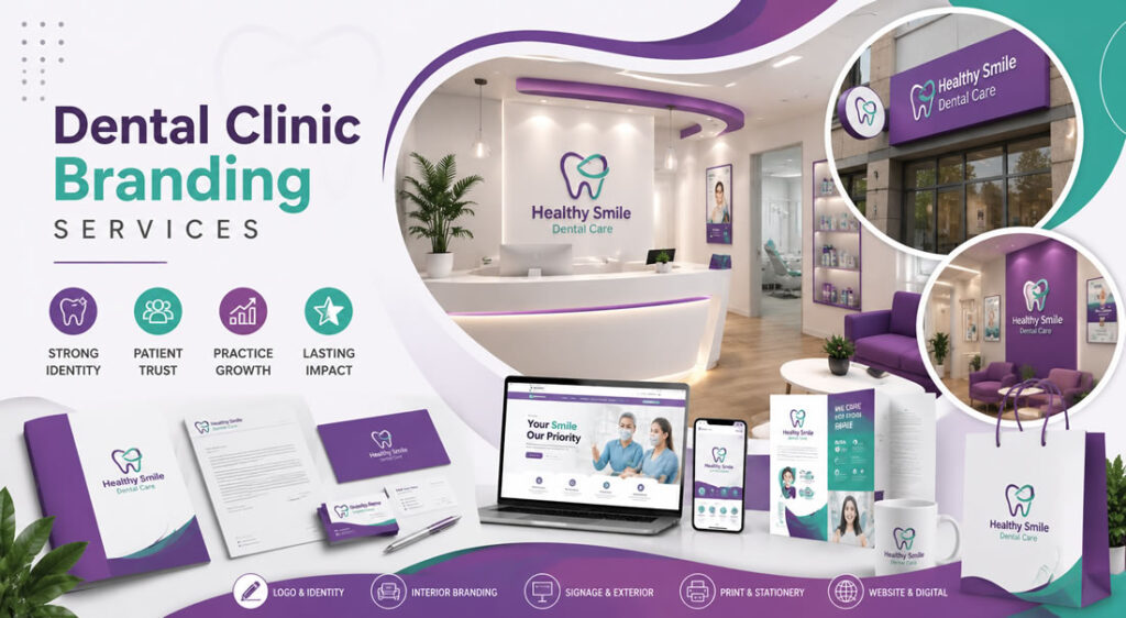 Professional dental clinic branding services including logo design, clinic interior branding, exterior signage, website design, and print branding for dental clinics in Pune.